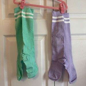 Purple and green tube socks
